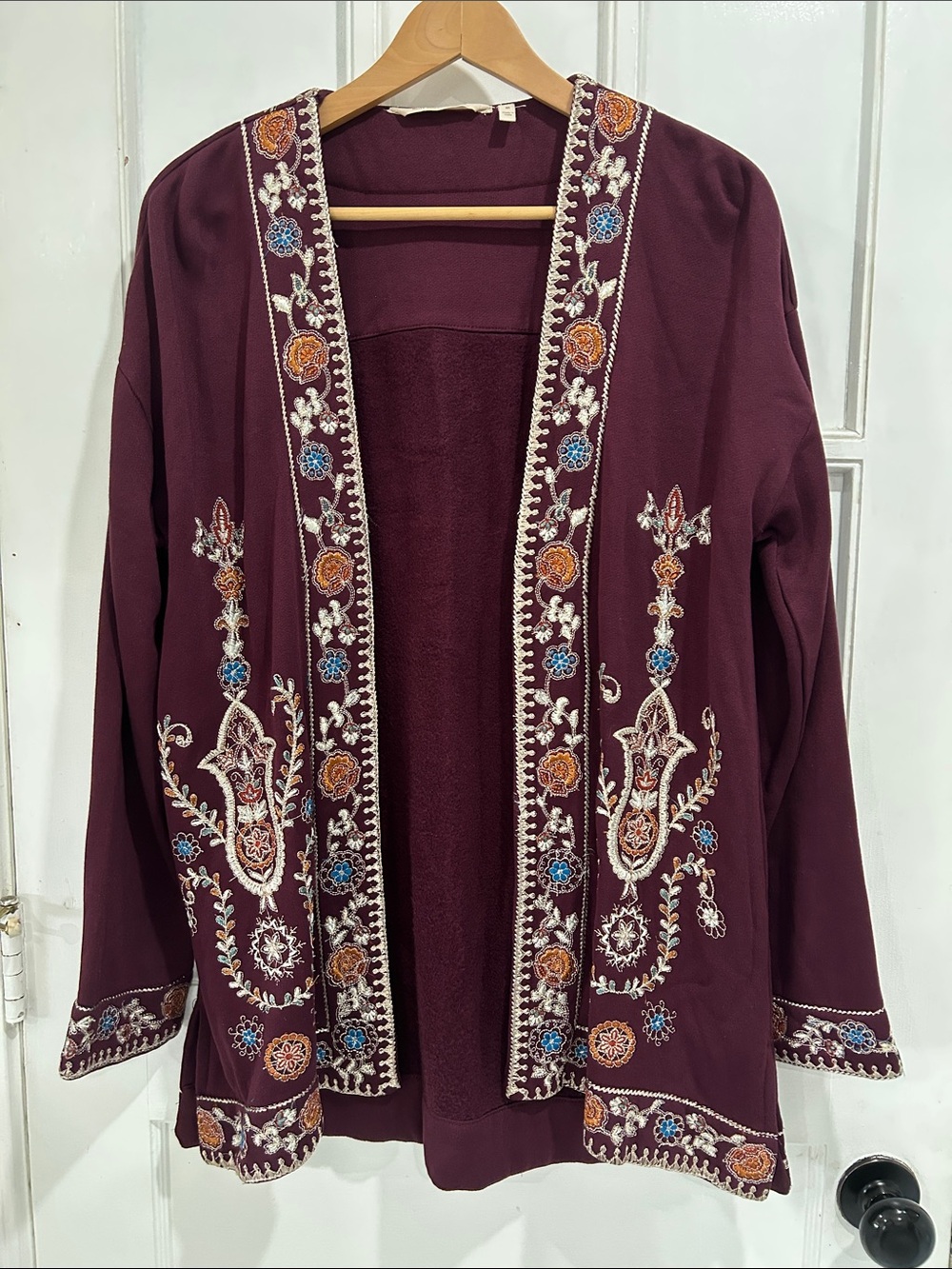 Soft Surroundings Burgundy Embroidered Boho Kimono Open Front Cardigan - M